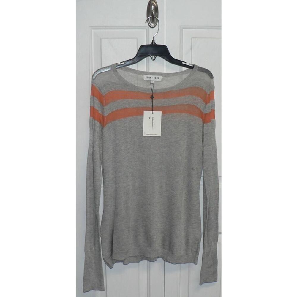 John + Jenn Lightweight Crewneck Sheer Inset Stripe Sweater in Gray/Orange $110